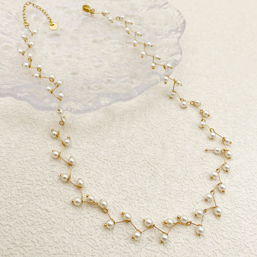 Set de collar, pulsera y anillos | Enchapado oro 18k | Perlas de fantasía