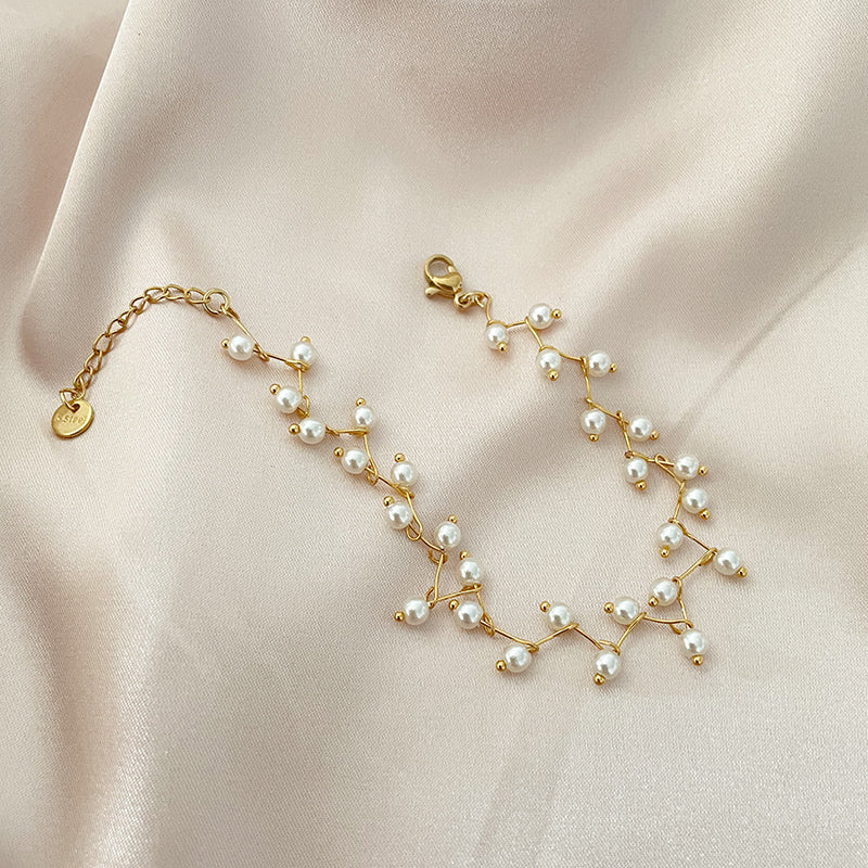 Set de collar, pulsera y anillos | Enchapado oro 18k | Perlas de fantasía