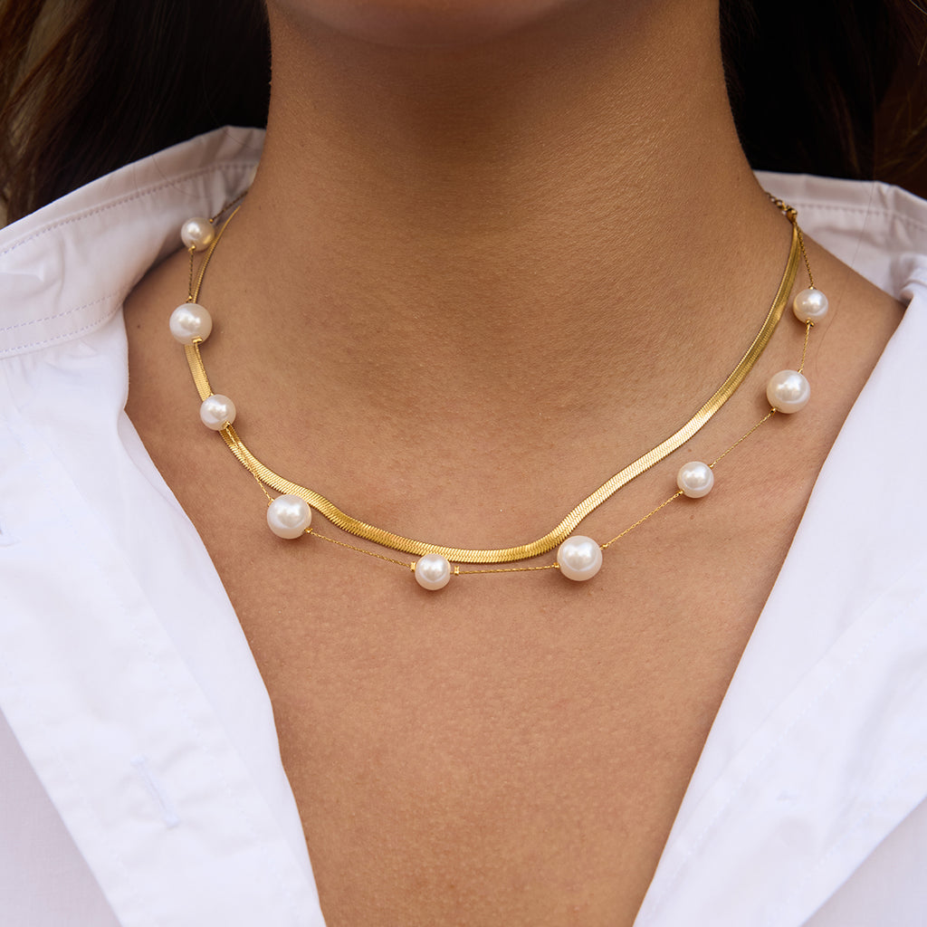 Collar doble | Enchapado en oro 18l | Perlas de cristal