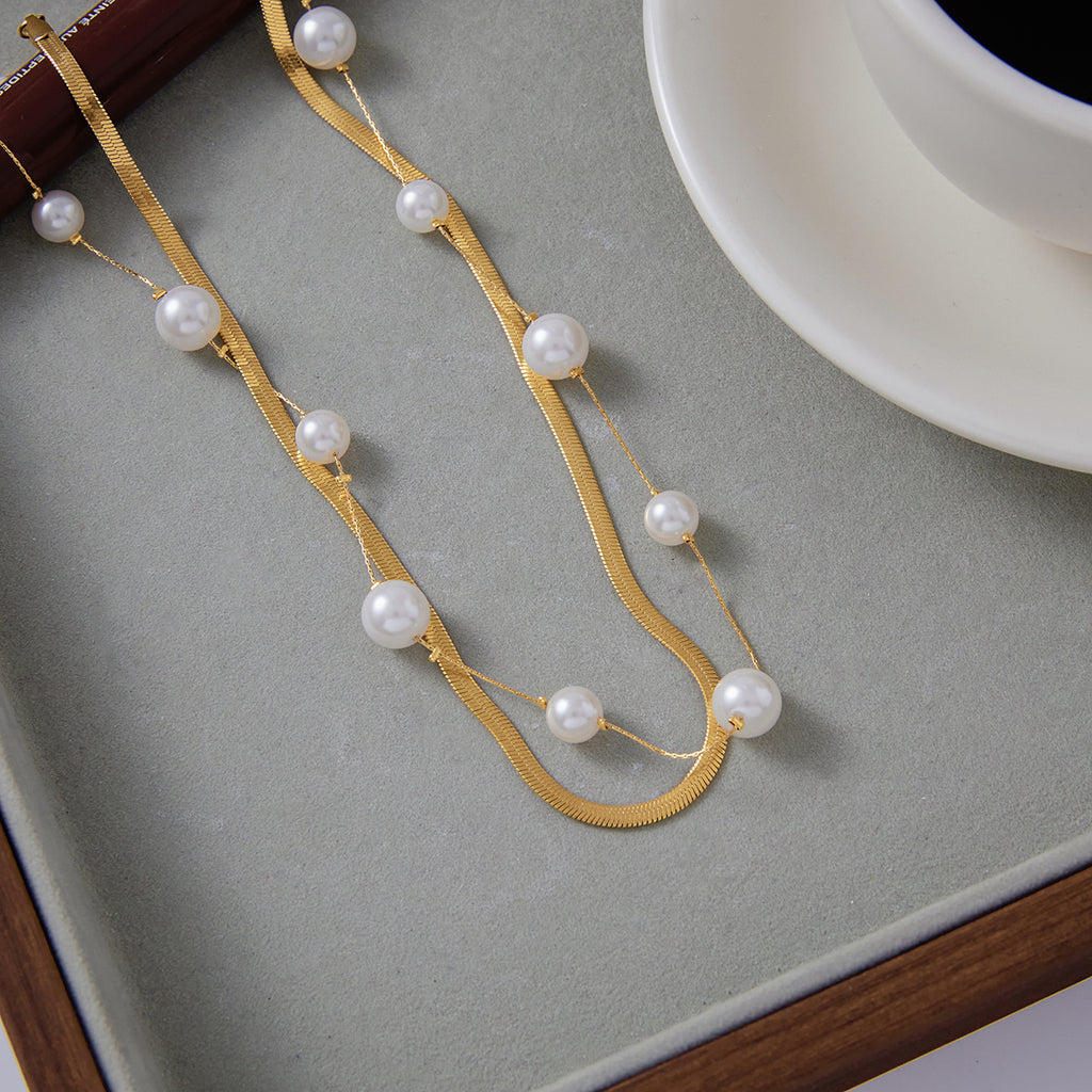 Collar doble | Enchapado en oro 18l | Perlas de cristal