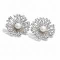 Aretes Flor con Perla Sintética | Acero Inoxidable Platinado