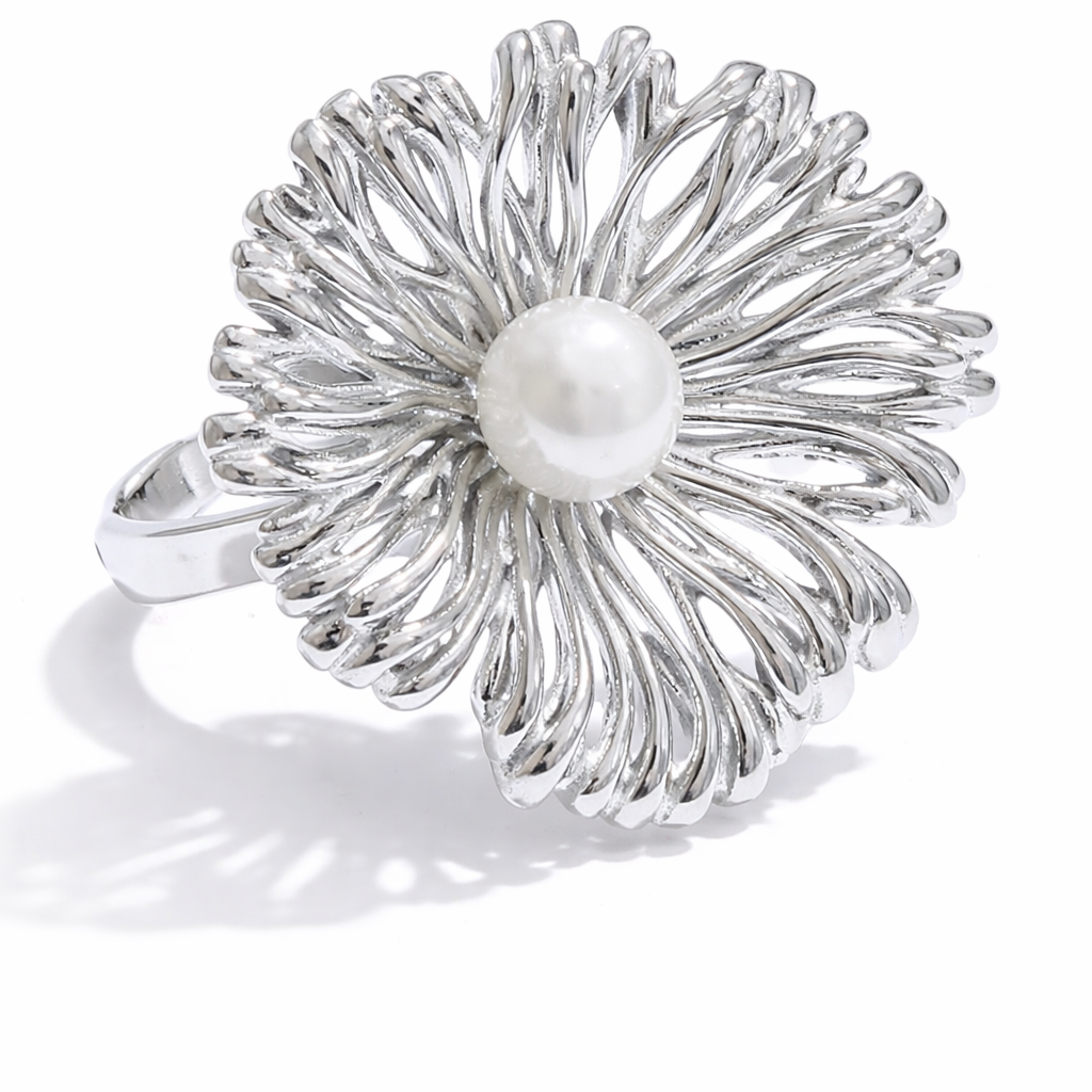 Anillo ajustable | Acero inox platino | Perla sintética