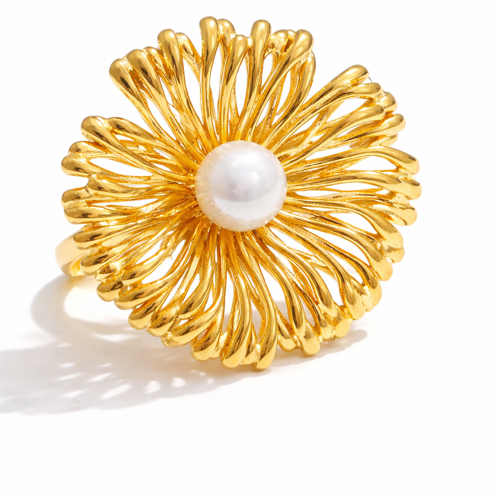 Anillo ajustable | Enchapado en oro 18k | Perla sintética