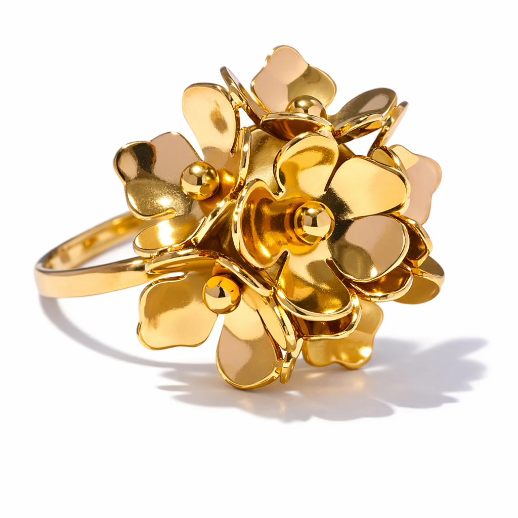 Anillo ajustable | Enchapado en oro 18k | Flor estereoscópica