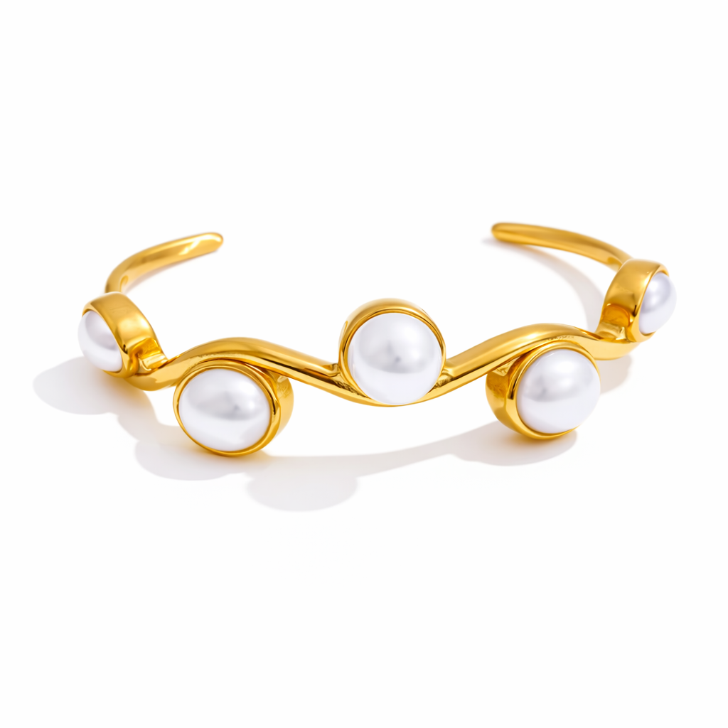 Brazalete abierto | Enchapado oro 18k | Perlas de fantasía