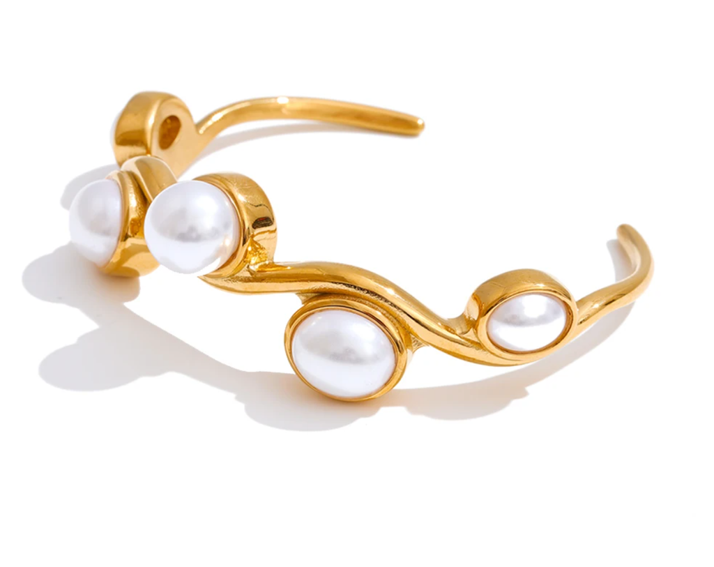 Brazalete abierto | Enchapado oro 18k | Perlas de fantasía